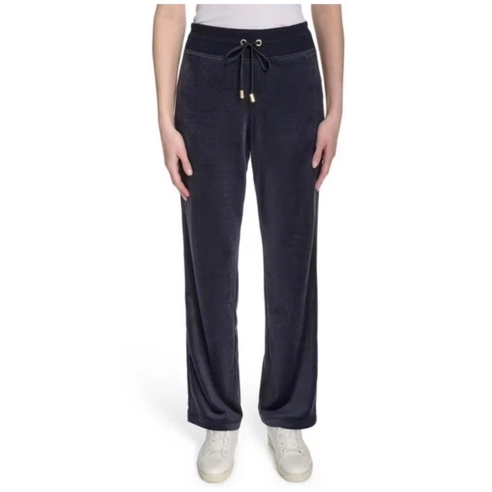 Halston Velour Ribbed Pants Womens Medium Black NEW Drawstring Straight Leg